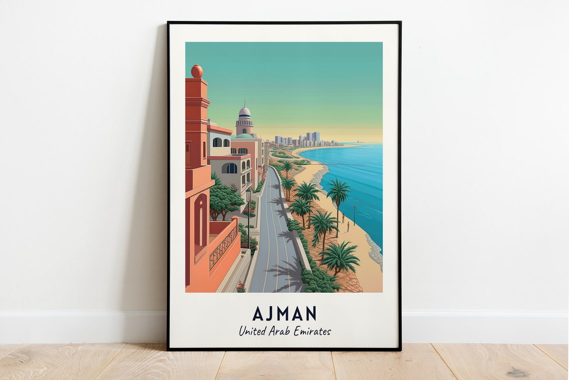 Ajman Corniche Beachfront Palm Road Seaside UAE Travel Poster