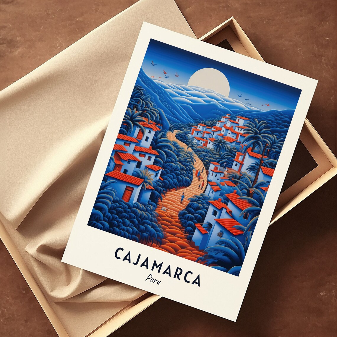 Cajamarca Peru Moonlit Village Full Moon Blue Mountains Travel Poster - Image 3