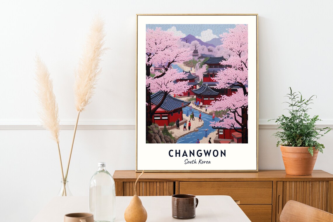 Changwon Cherry Blossom Temple Gardens South Korea Travel Poster - Image 2