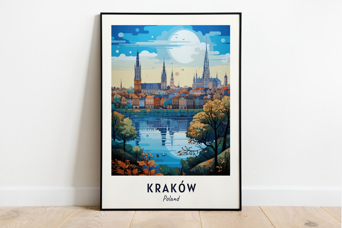 Krakow Poland Moonlit Old Town Spires Over The River Scene Poster