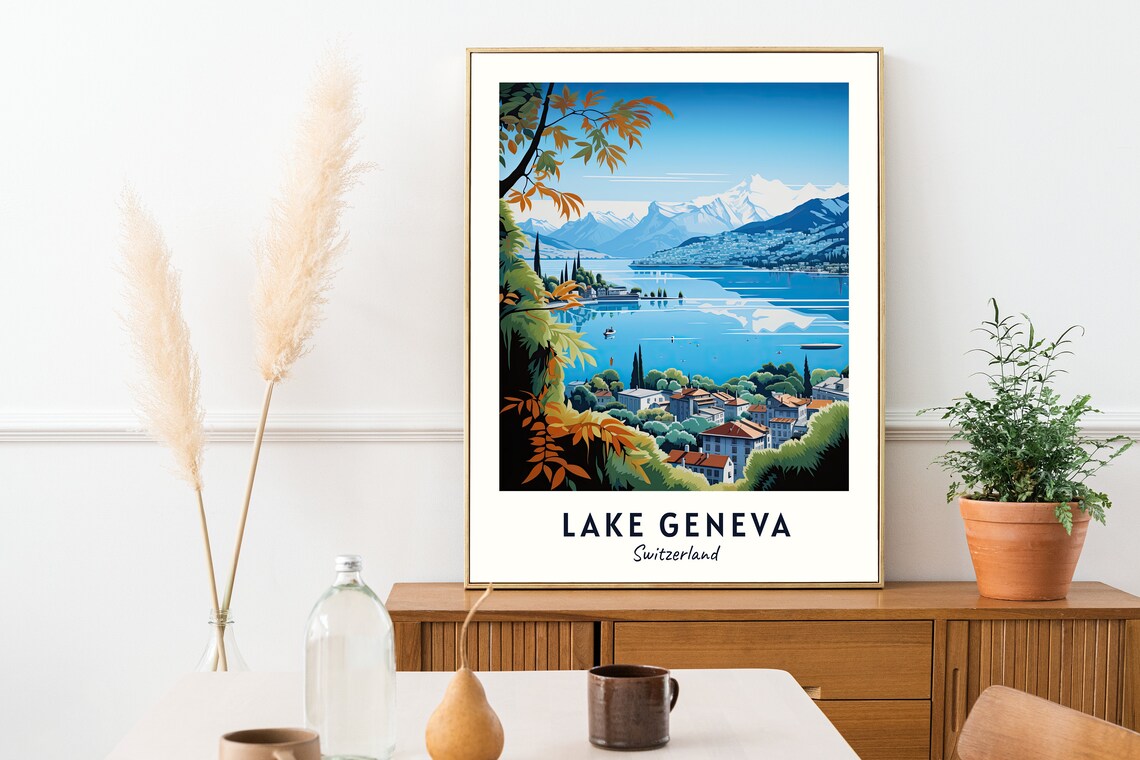 Lake Geneva Switzerland Mountain Lake Vineyard View Travel Poster - Image 2