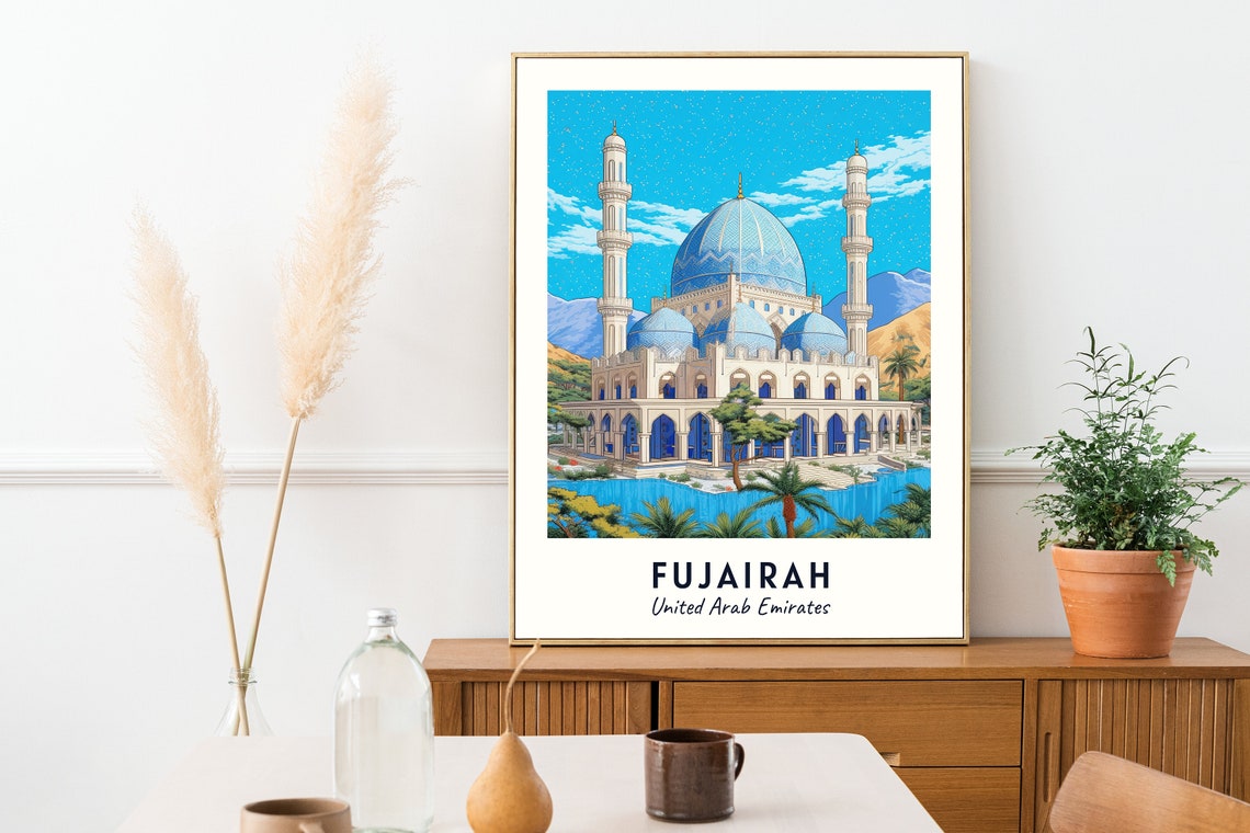 Fujairah Grand Blue Domed Mosque by the Water UAE Travel Poster - Image 2