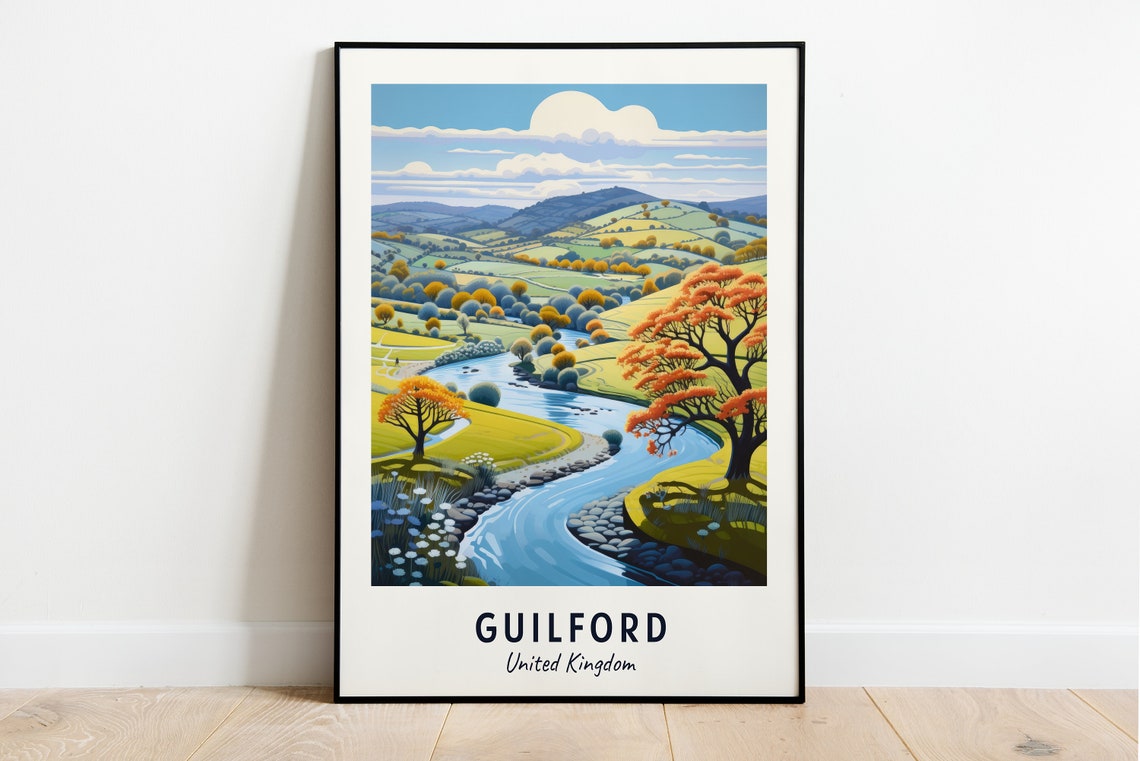 Guilford United Kingdom Rolling Countryside River Travel Poster