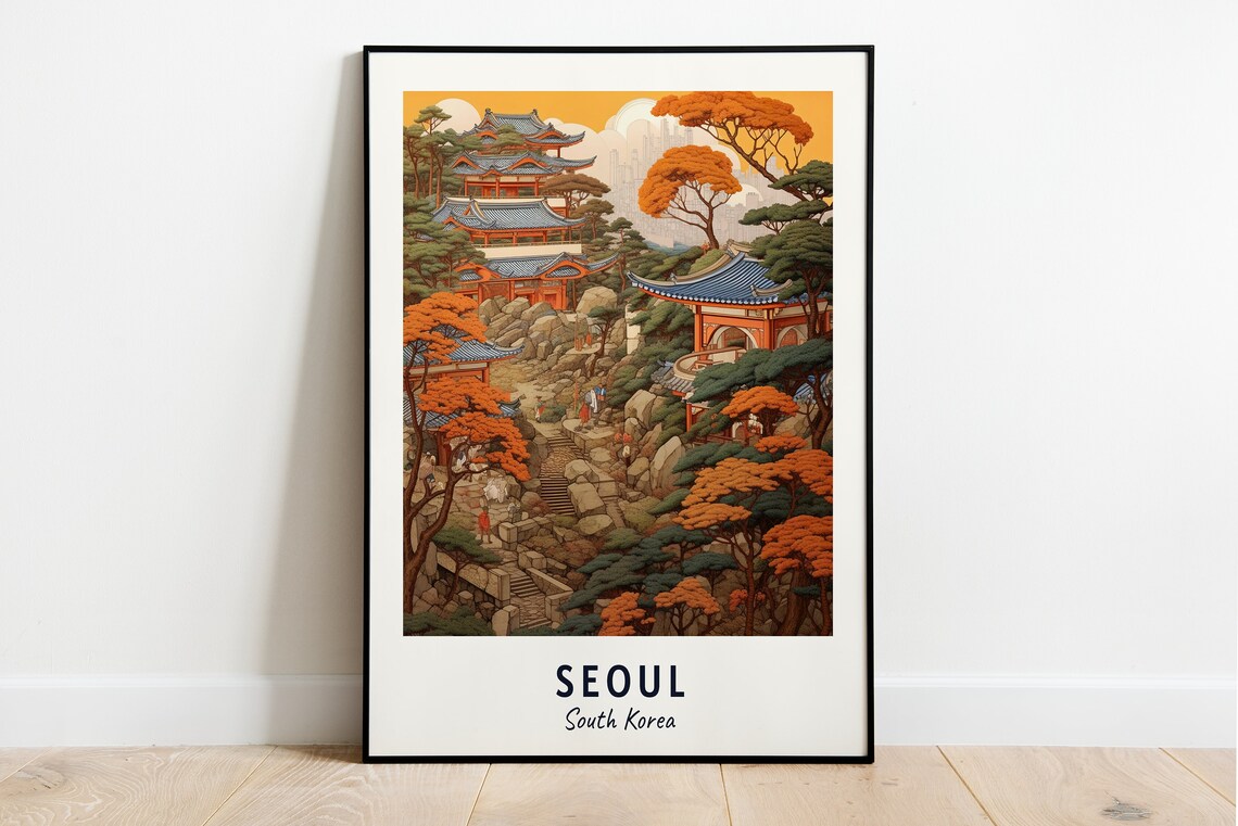 Seoul South Korea Mountain Temple Autumn Foliage Travel Poster