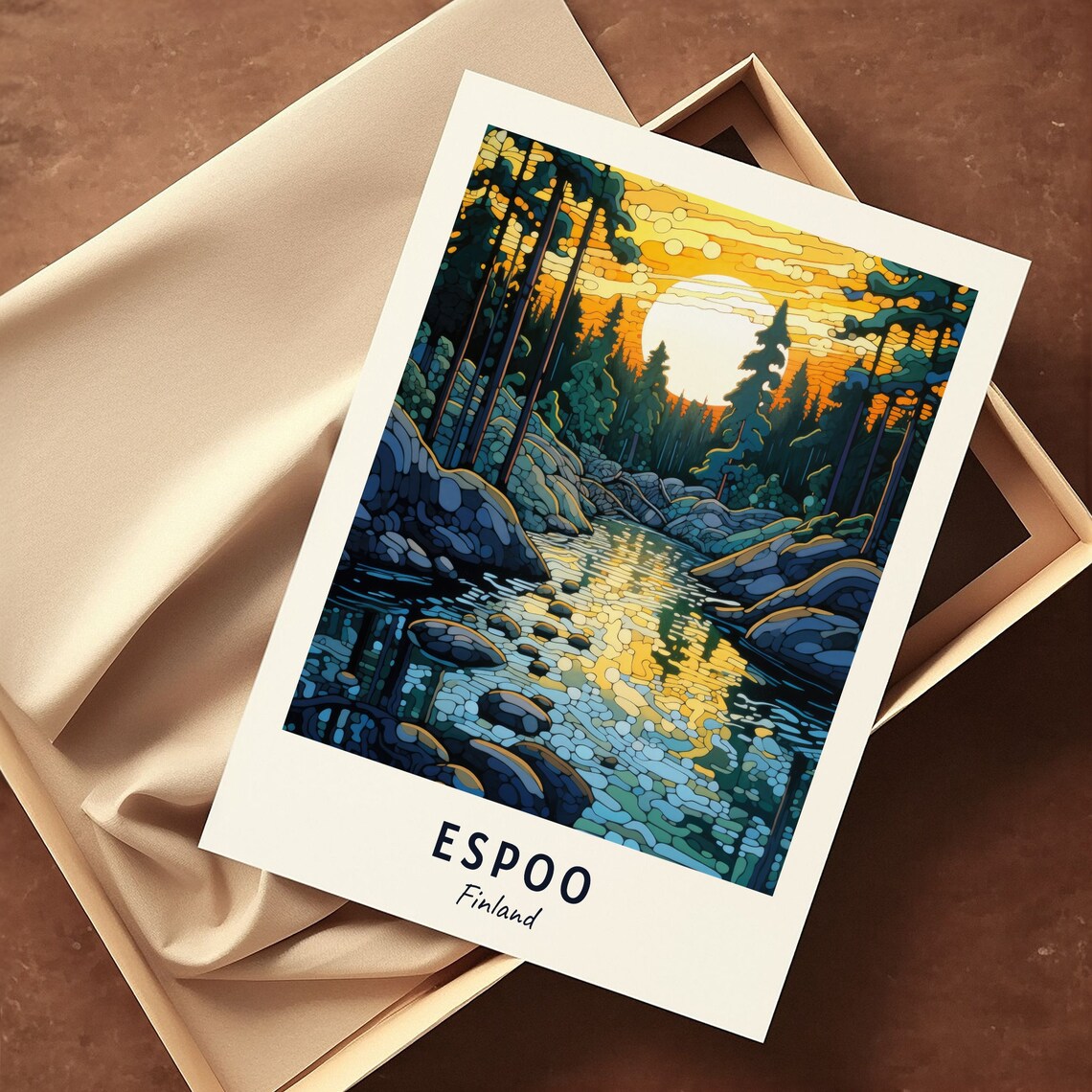 Espoo Finland Sunset Forest Stream Golden Nature Art Travel Poster - Image 3