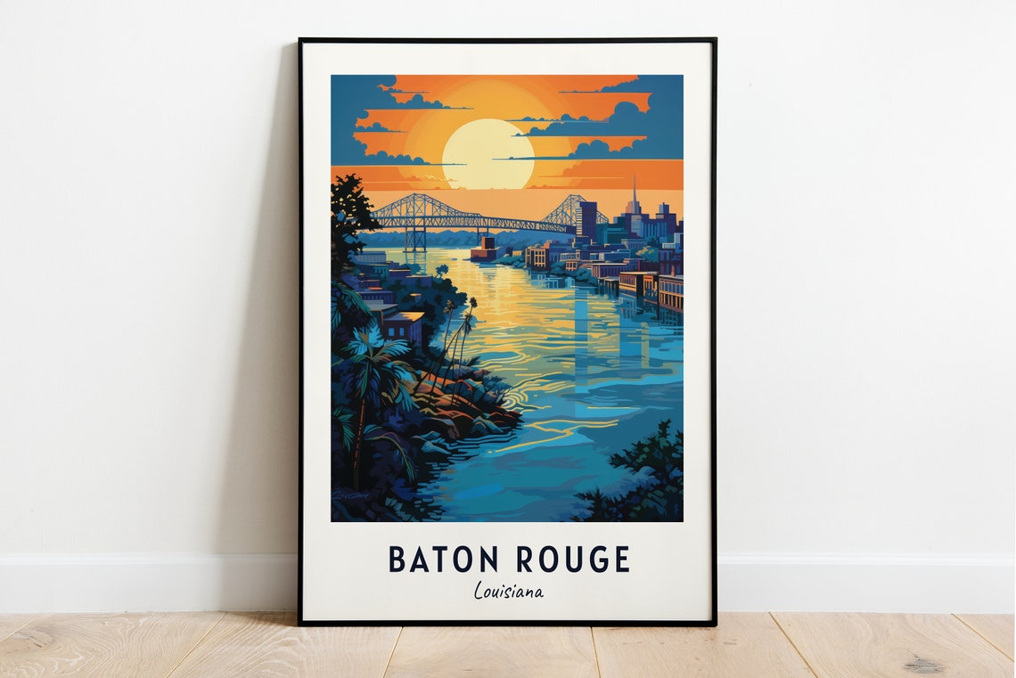 Baton Rouge Louisiana Sunset River Bridge Skyline Travel Poster