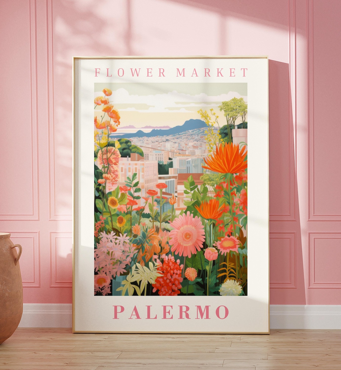 Palermo Sicily Flower Market Coastal Mountain Bloom Travel Poster