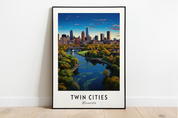 Twin Cities Minnesota Skyline River Park Sunset Travel Poster