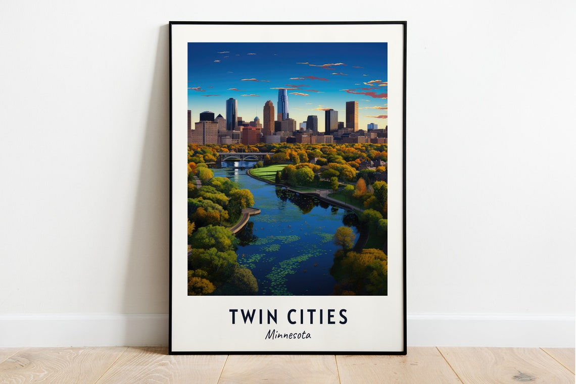 Twin Cities Minnesota Skyline River Park Sunset Travel Poster