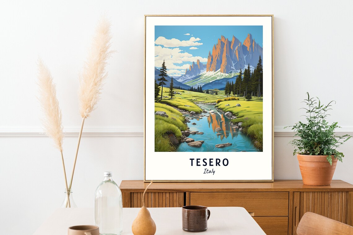 Tesero Italy Alpine Valley Stream Dolomites Peaks Travel Poster - Image 2
