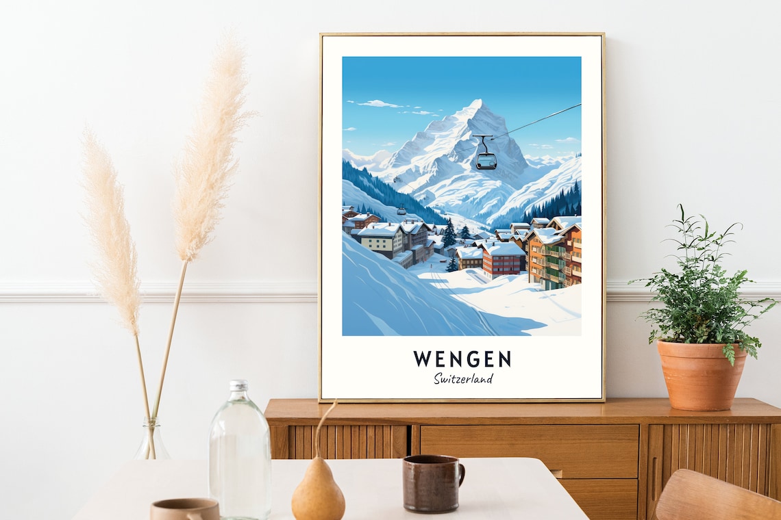 Wengen Switzerland Gondola Cable Over the Alpine Village Poster - Image 2