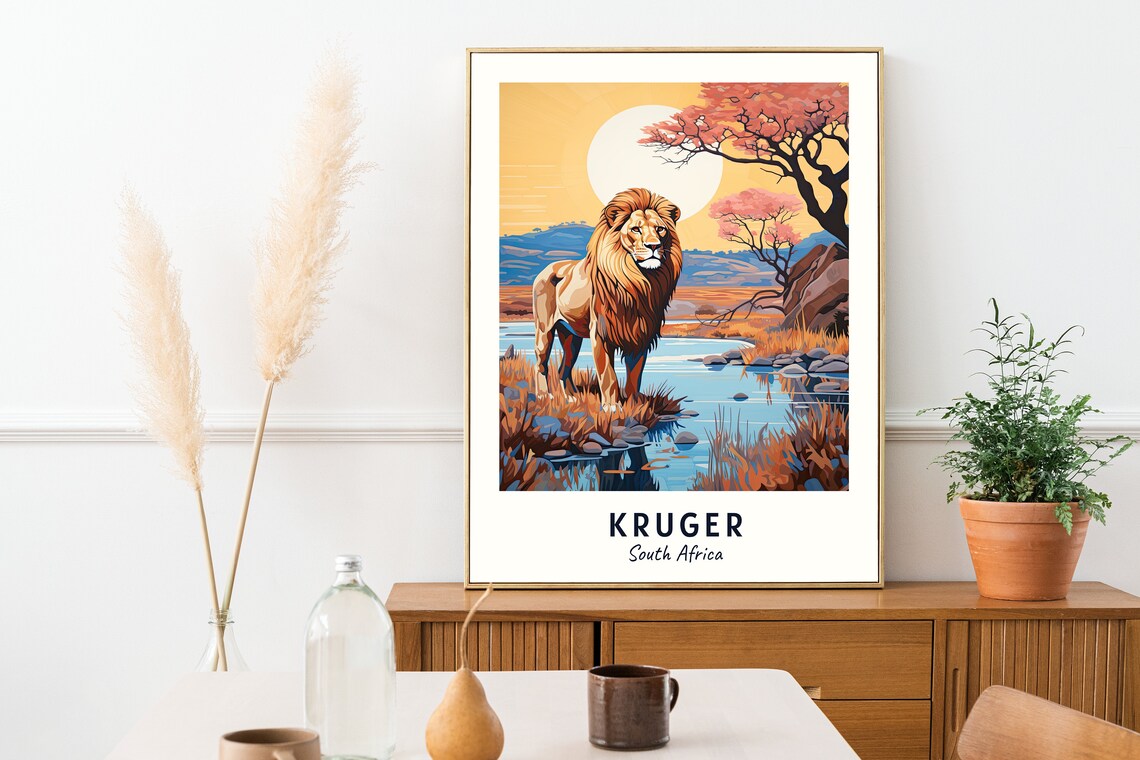 Kruger South Africa Lion Riverbed Wildlife Safari Travel Poster - Image 2