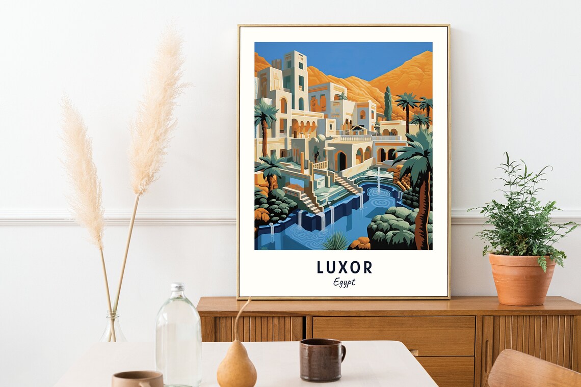 Luxor Egypt Ancient Desert City Palms Pool Golden Mountains Travel Poster - Image 2