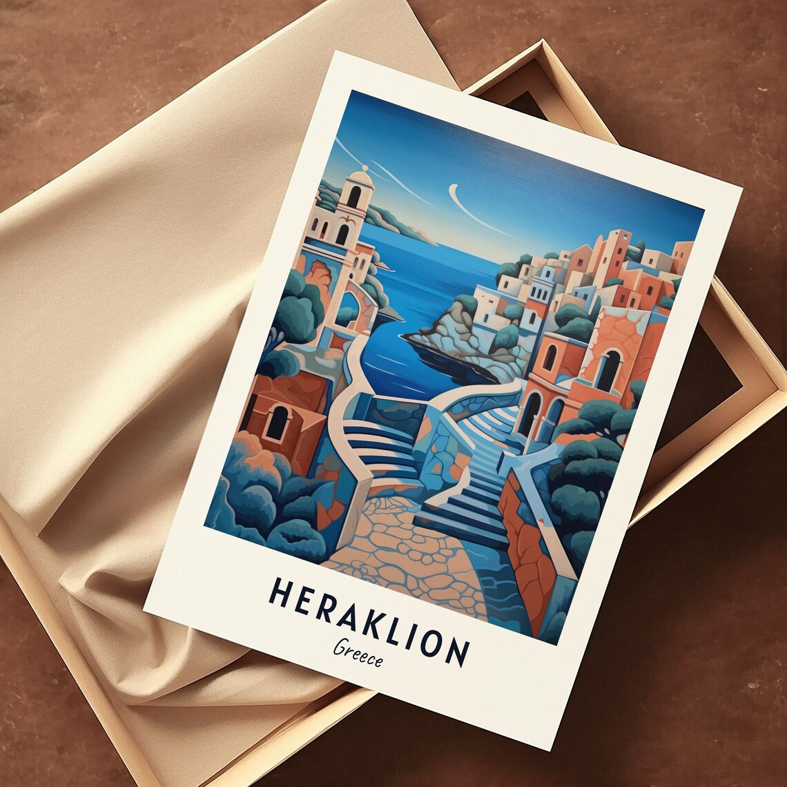 Seaside Town with Winding Stone Staircase Heraklion Greece Poster - Image 3