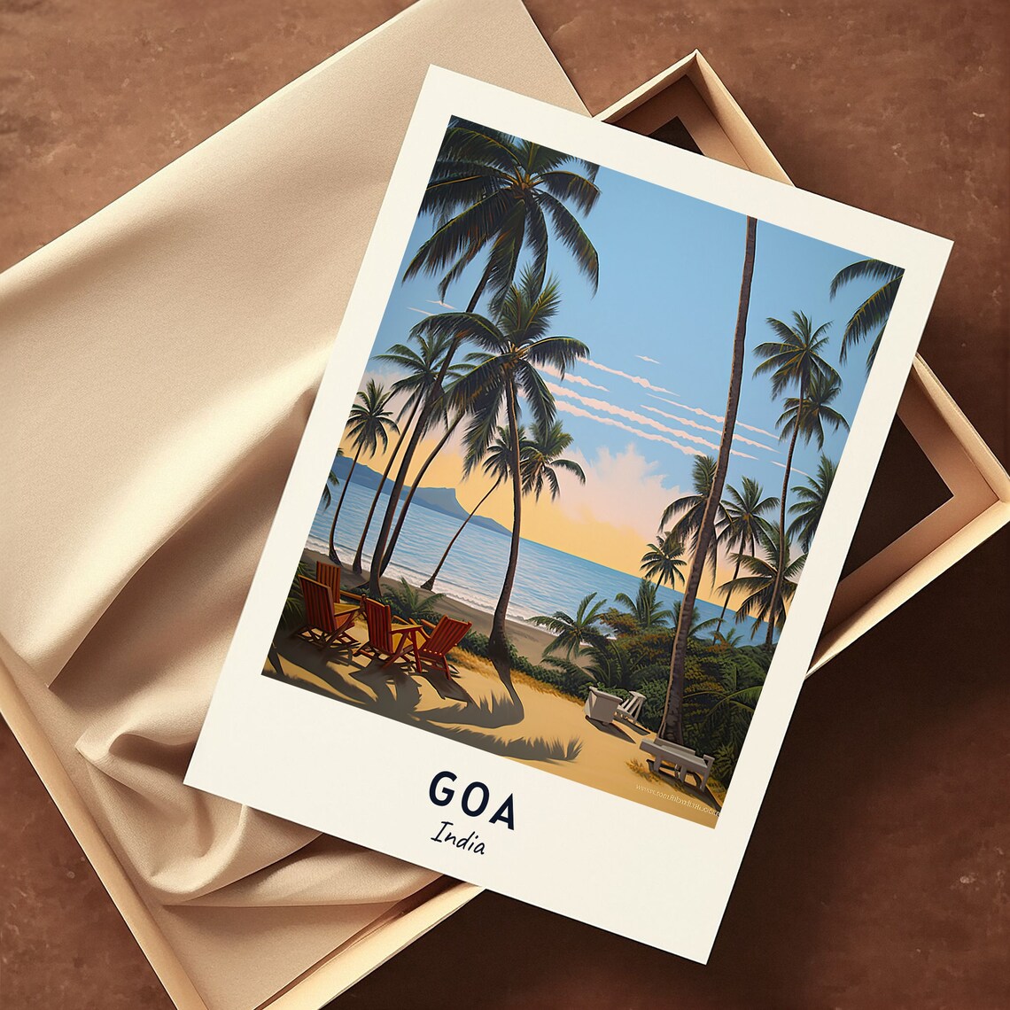 Goa India Palm Beach Sunset Lounge Chairs Tropical Travel Poster - Image 3