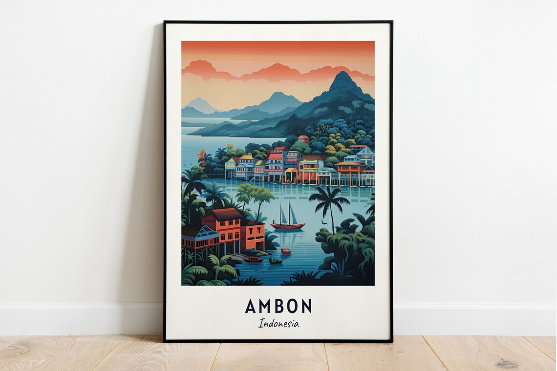 Ambon Bay Indonesia Colorful Waterfront Village At Sunset Poster