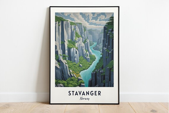 Stavanger Fjord Cliffs Winding River Canyon Pines Travel Poster