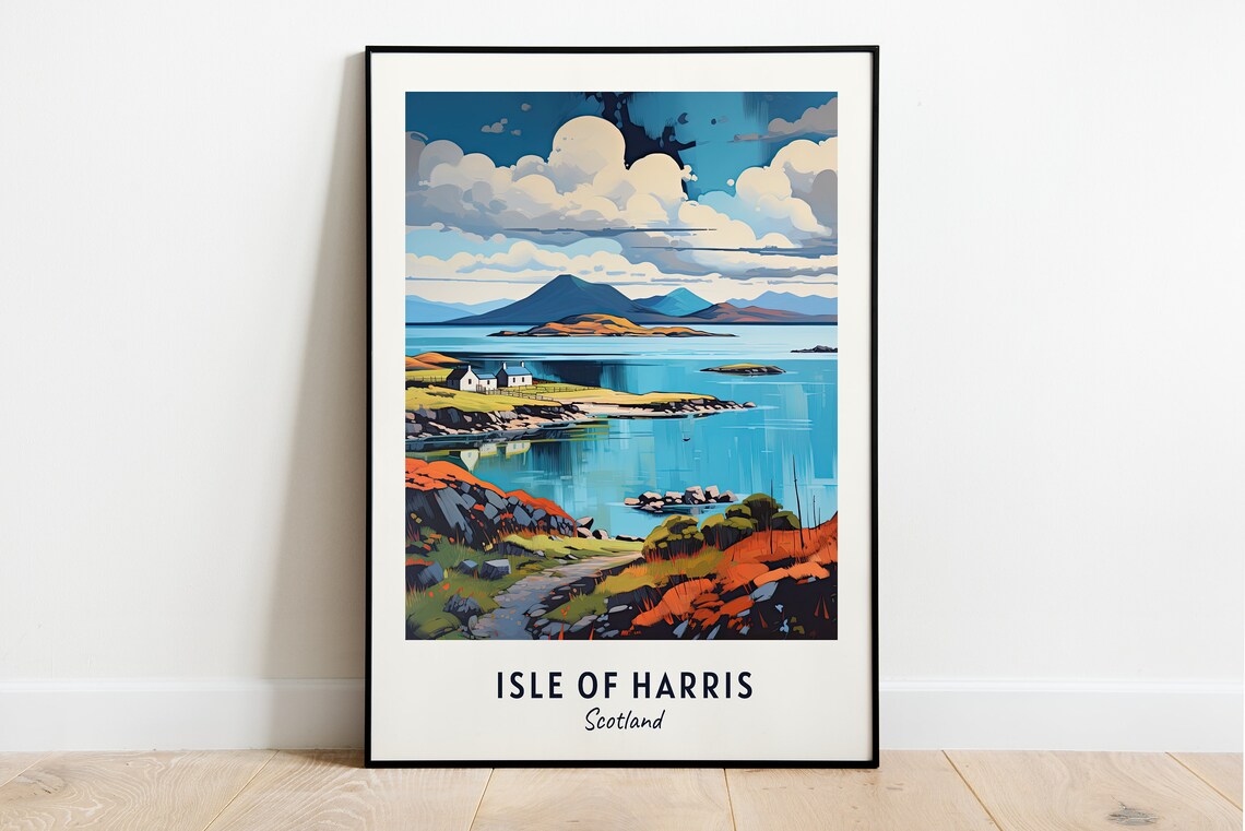 Isle Of Harris Scotland Rocky Coast With Cottages By The Sea Poster