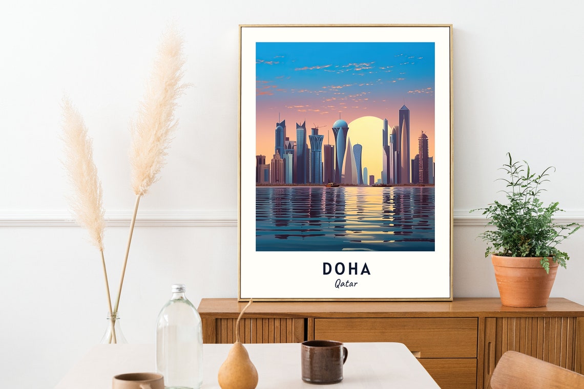 Doha Qatar Skyline Sunset Water Reflection Modern City Travel Poster - Image 2
