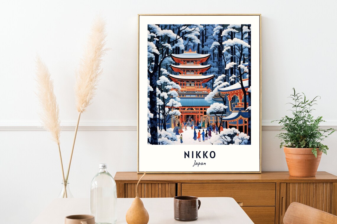 Nikko Japan Snowy Winter Pagoda Temple Retro Style Travel Poster - Image 2