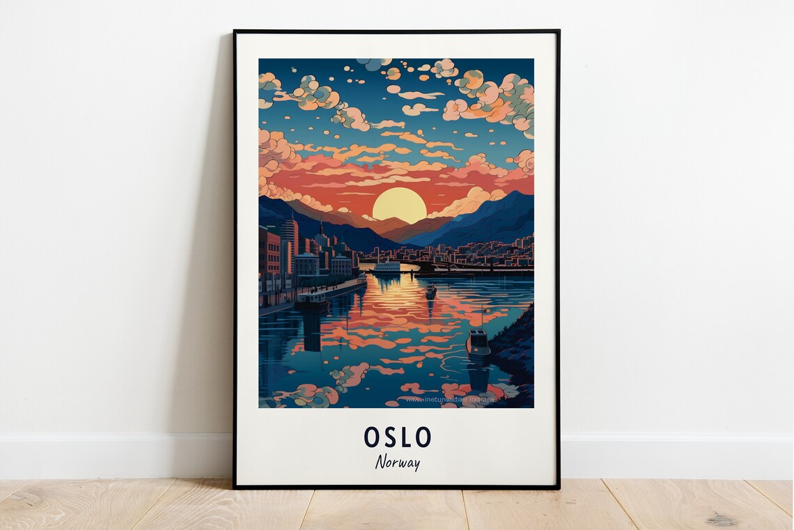 Oslo Norway Waterfront Dusk Sunset Mountains Boat Travel Poster