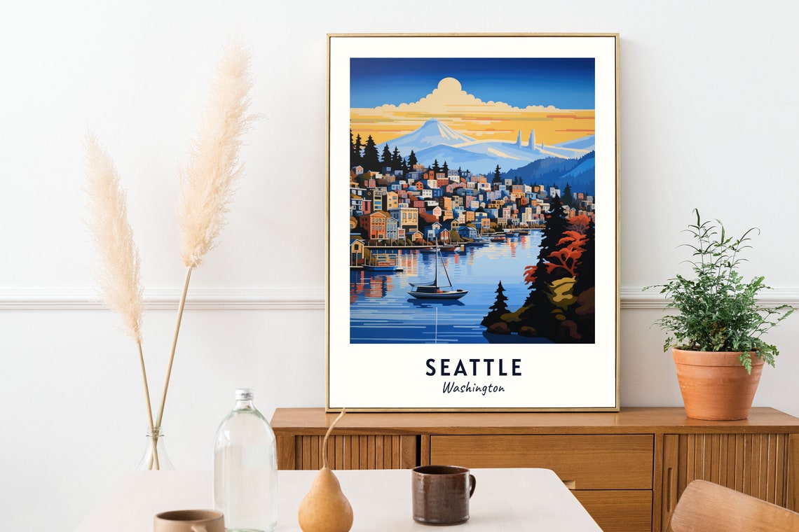 Seattle Washington Waterfront Space Needle Mount Rainier Travel Poster - Image 2