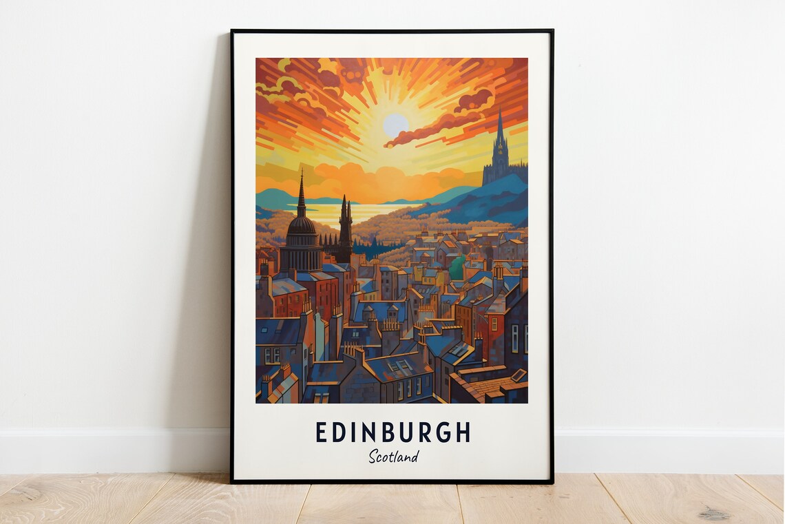 Edinburgh Scotland City Skyline Castle Dramatic Sunset Travel Poster