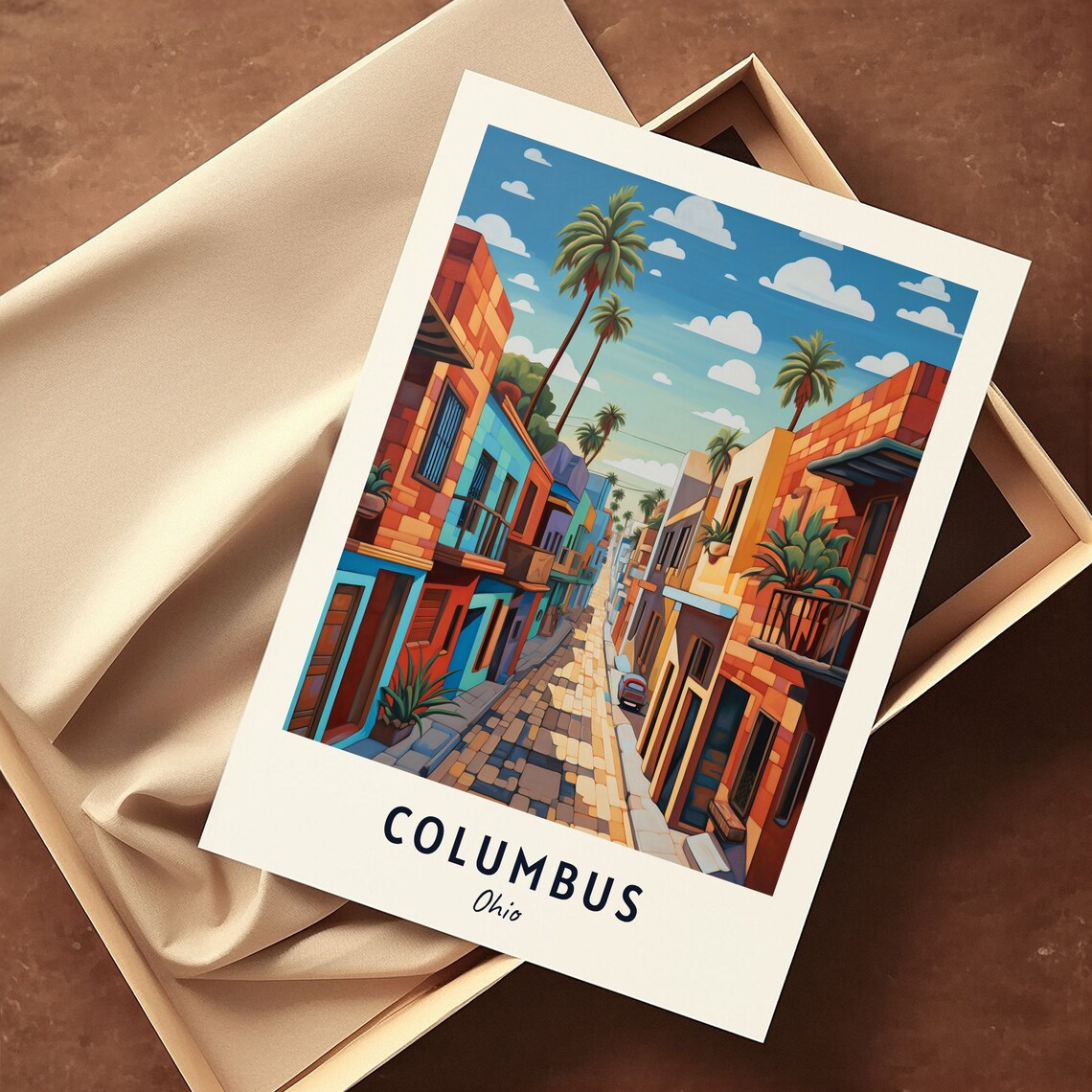 Columbus Ohio Colorful Palm Lined Historic Brick Street Poster - Image 3