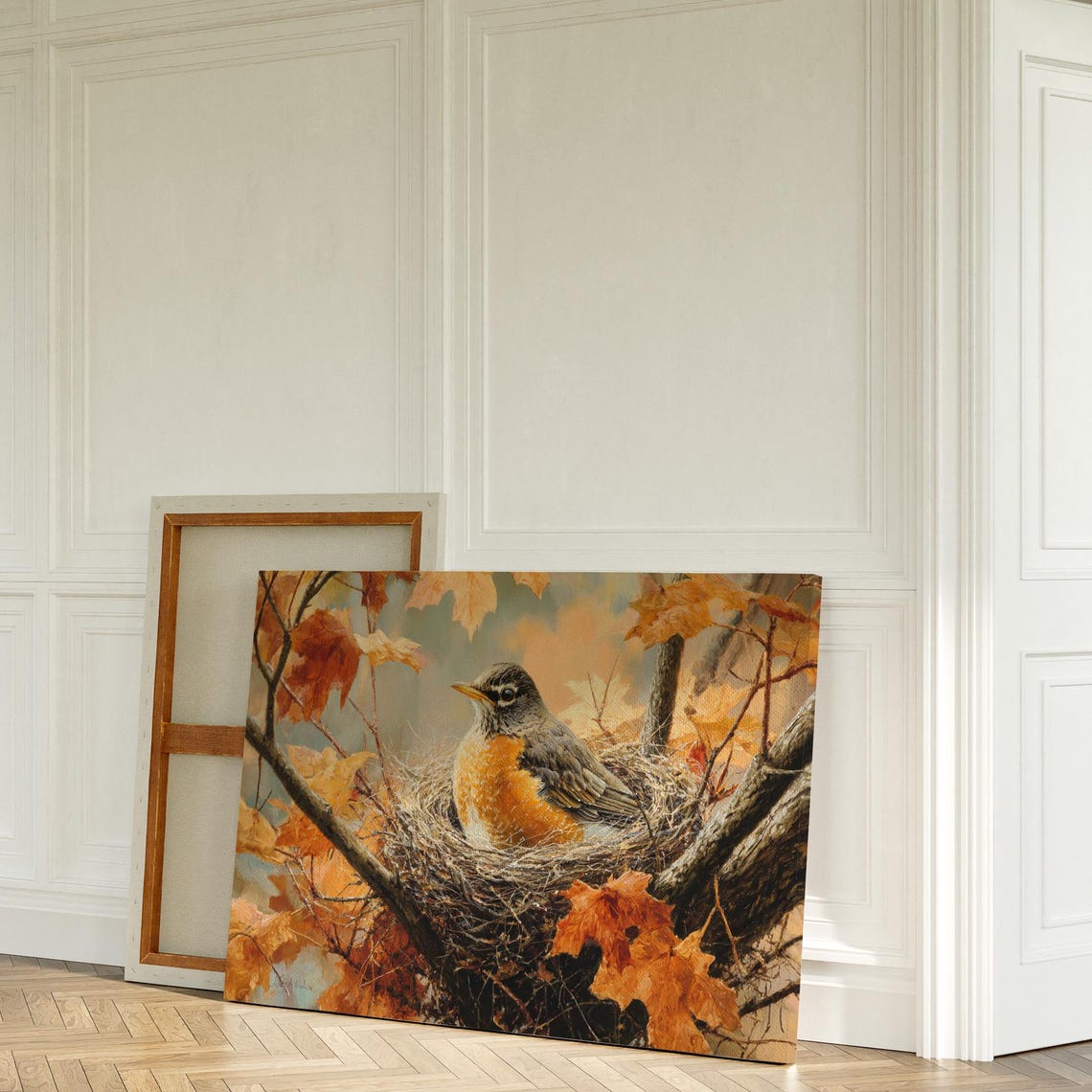 Robin Resting in Nest Among Fall Leaves Autumn Bird Wall Art