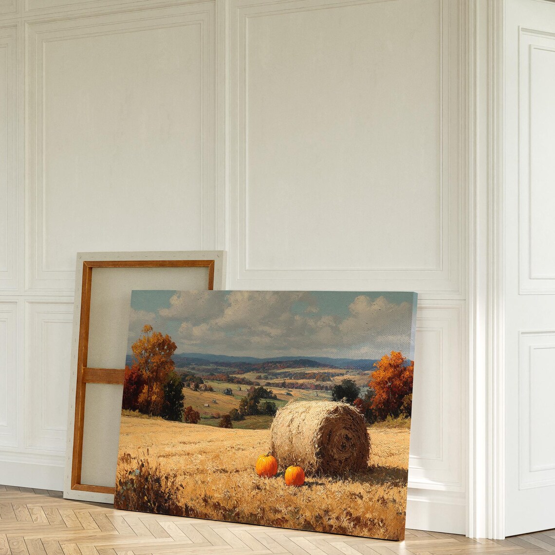 Autumn Farm Field Hay Bale Pumpkins Rolling Hills Rustic Landscape Print