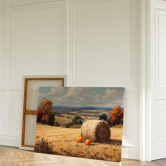 Autumn Farm Field Hay Bale Pumpkins Rolling Hills Rustic Landscape Print