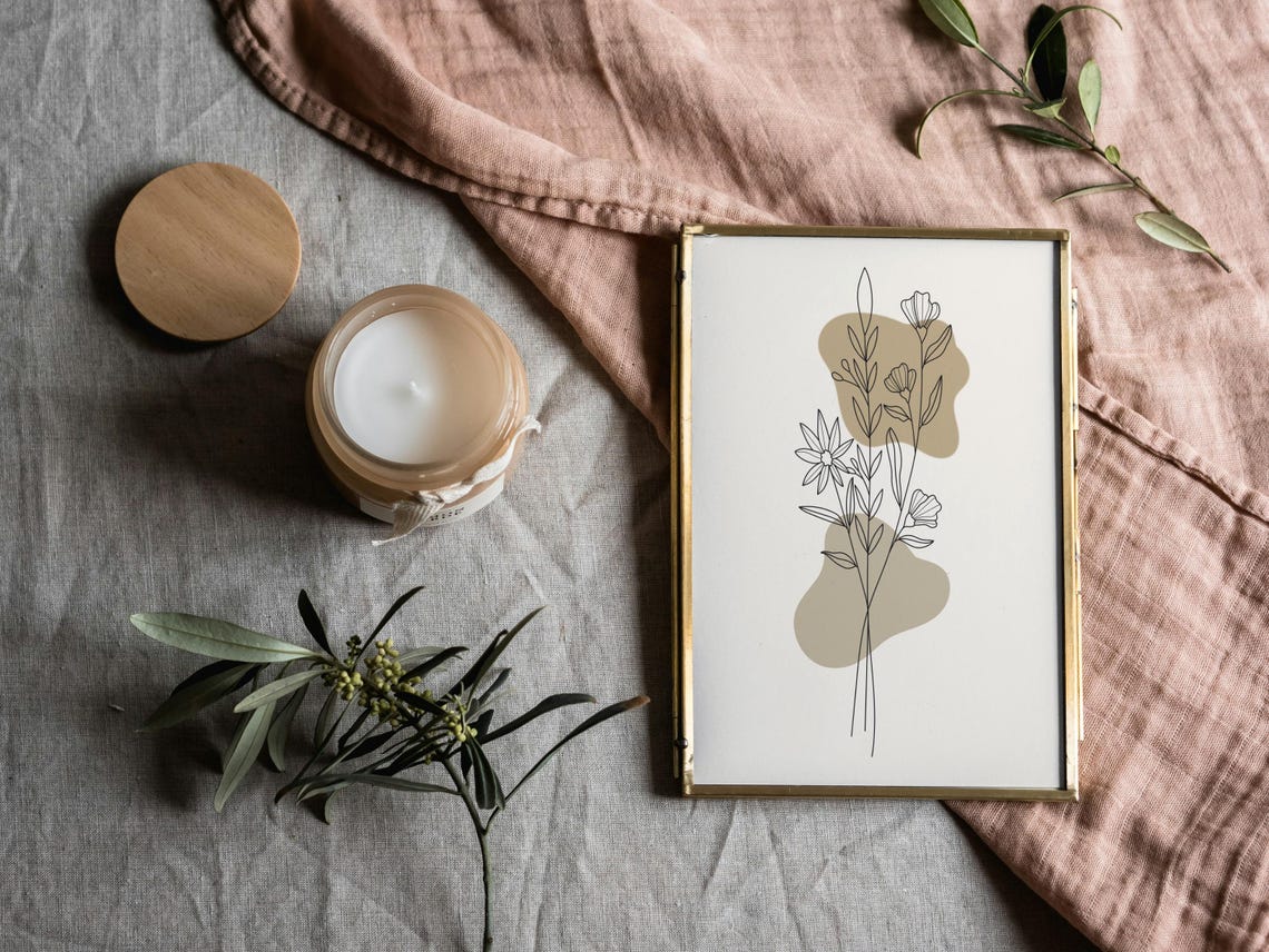Beige Line Floral Botanical Minimalist Scandinavian Wall Decor Poster - Image 3