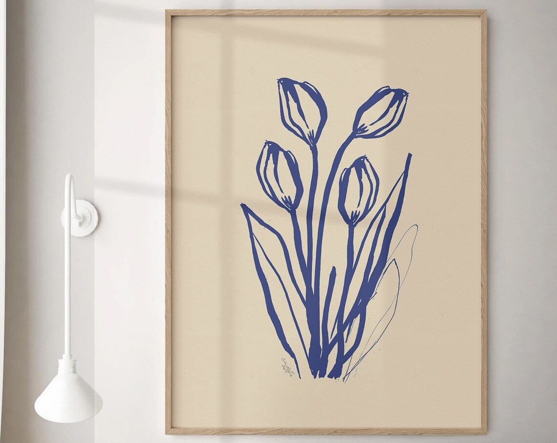Blue Tulips Bohemian Floral Line Drawing On Beige Wall Print