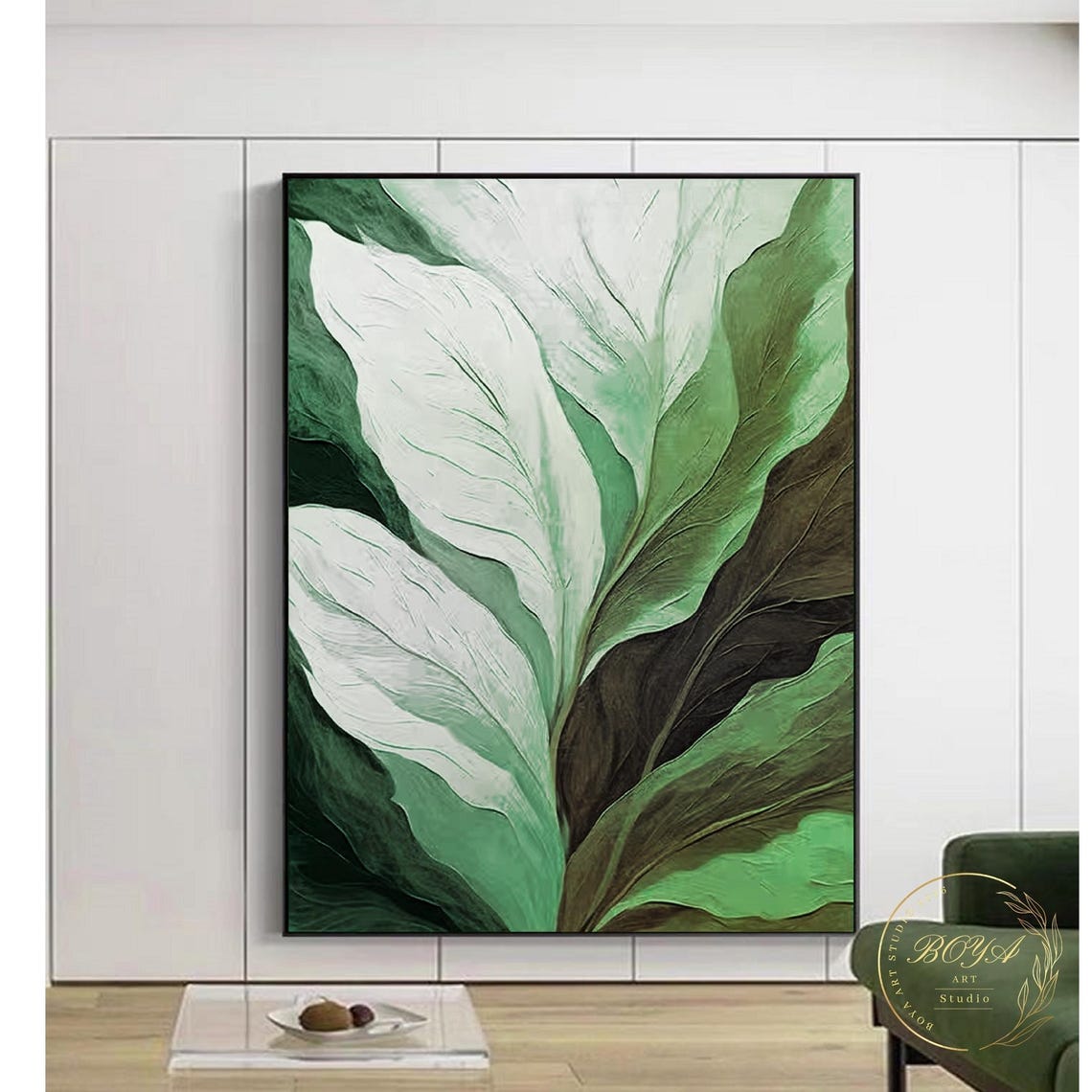 Dramatic Dark Green 3D Textured Relief Leaves Abstract Poster