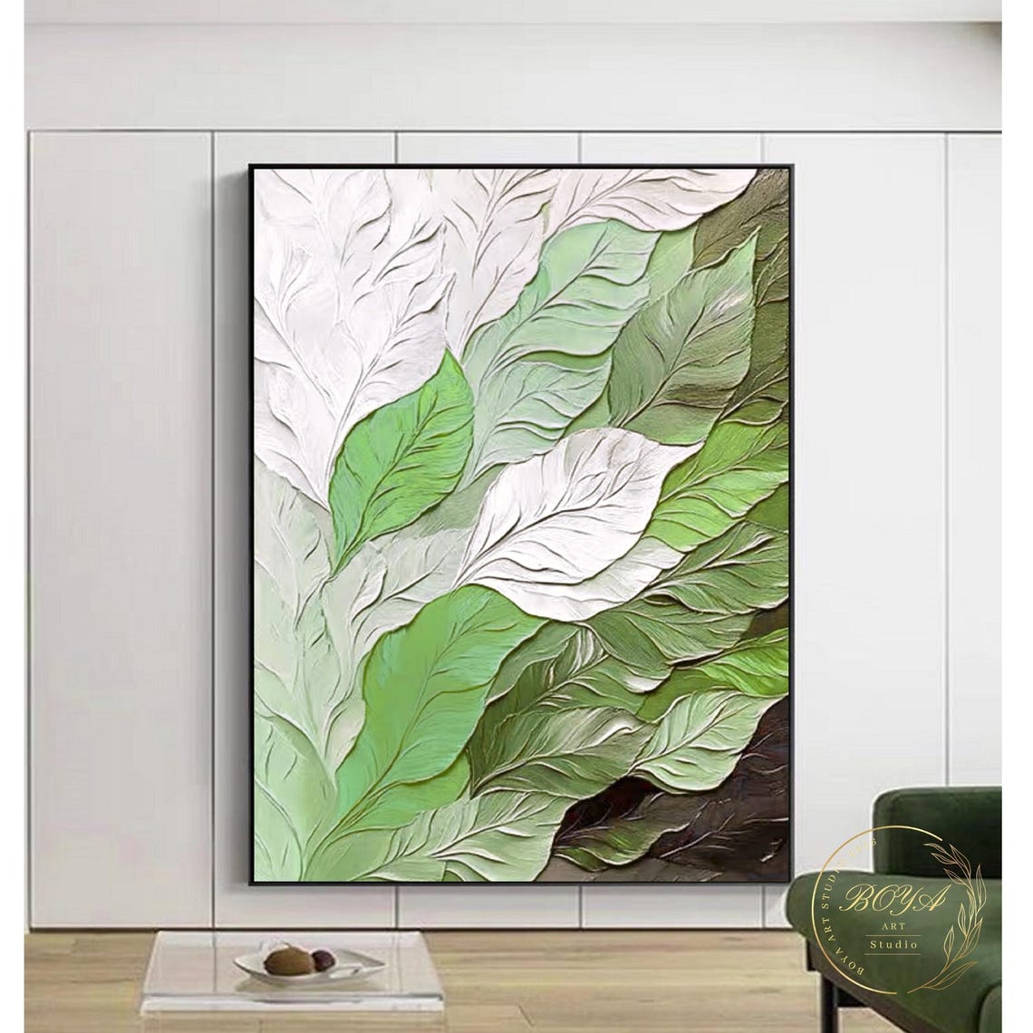 Sculptural White and Green Textured Leaves Botanical Wall Art