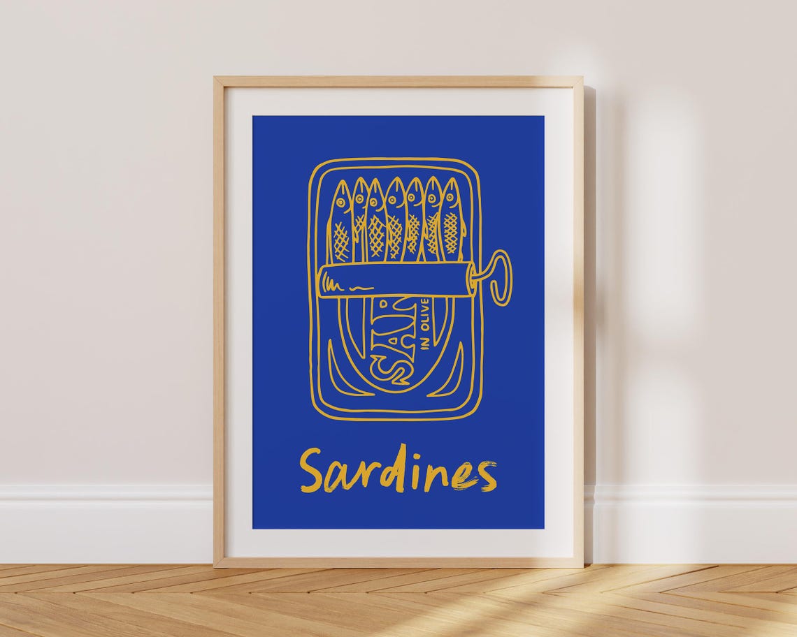 Gold Sardines Tin Line Art Bold Blue Kitchen Mid Century Poster