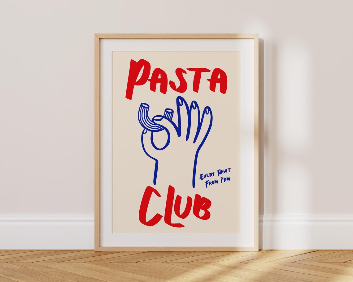 Retro Pasta Club Poster, Mid-Century Kitchen Art Print