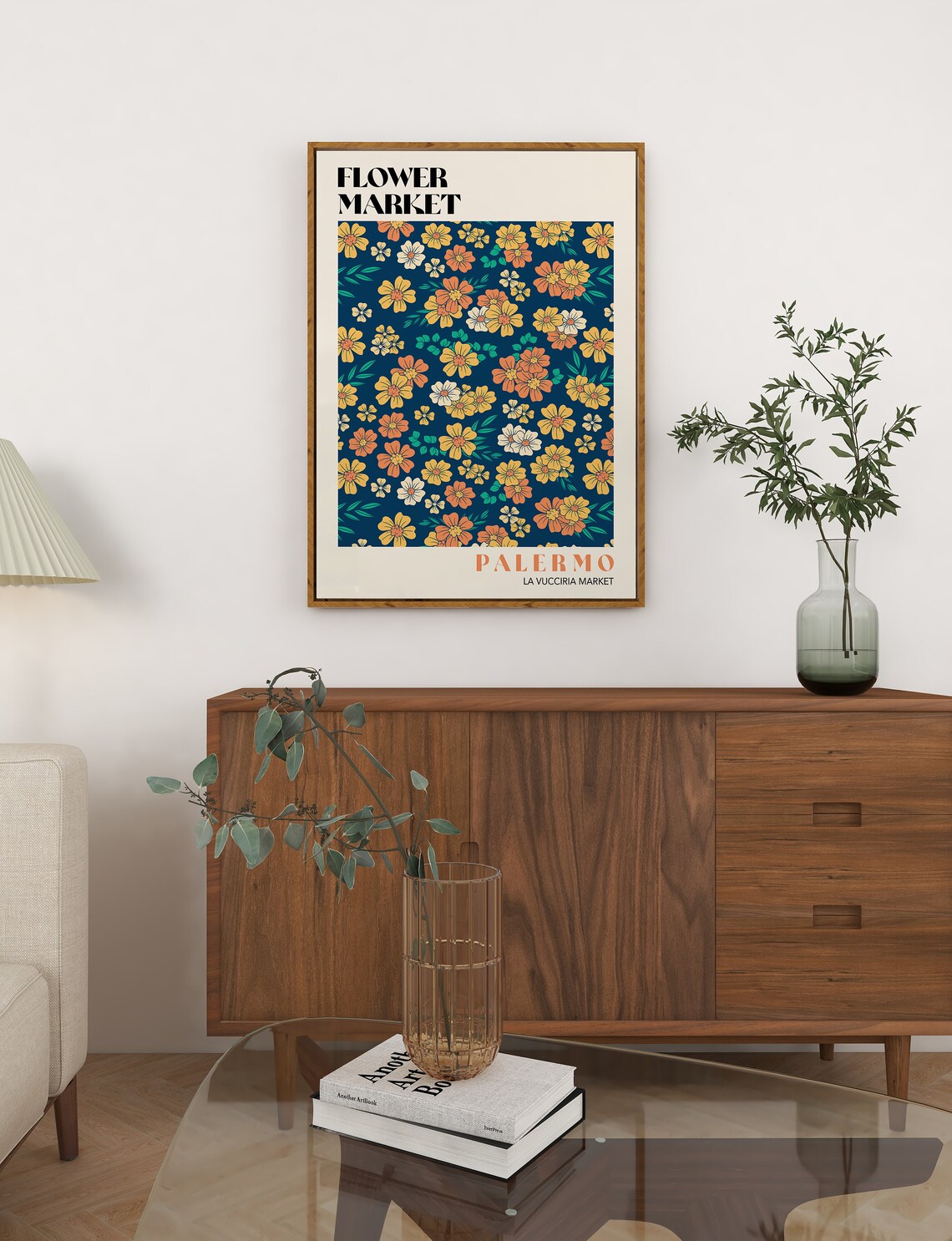 Palermo Flower Market Retro Botanical Poster Navy Gold La Vucciria - Image 2