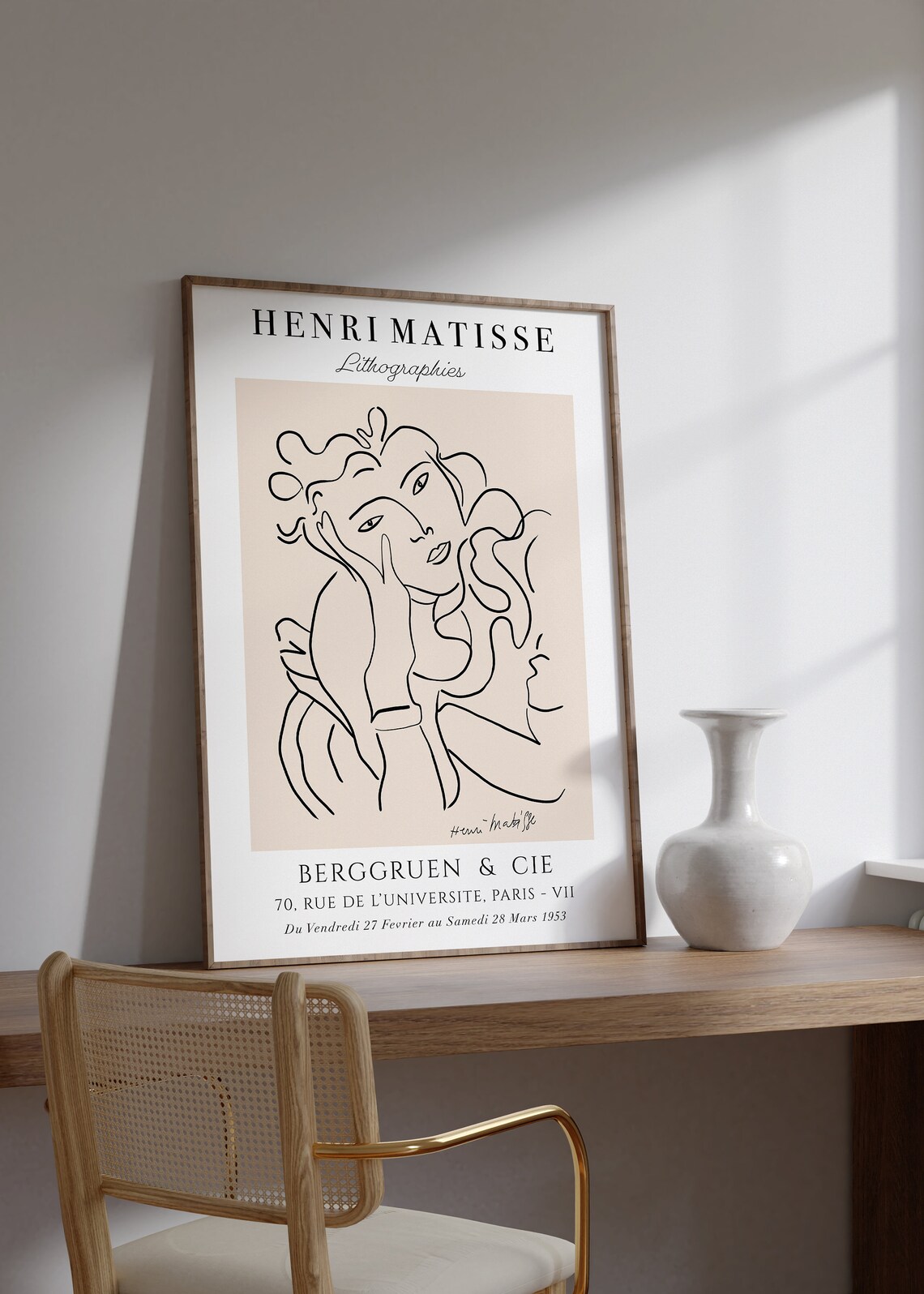 Henri Matisse Line Art Woman Face Beige Lithograph Style Poster - Image 2
