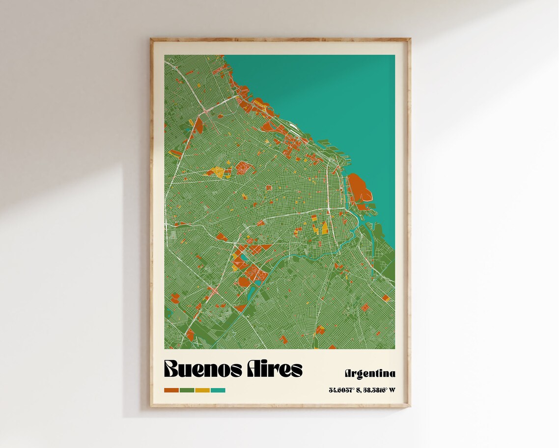 Buenos Aires Argentina Retro Colorful City Map Travel Poster