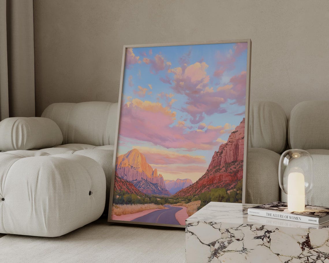 Desert Canyon Road Sunset Red Rock Landscape Painting Art Poster - Image 3