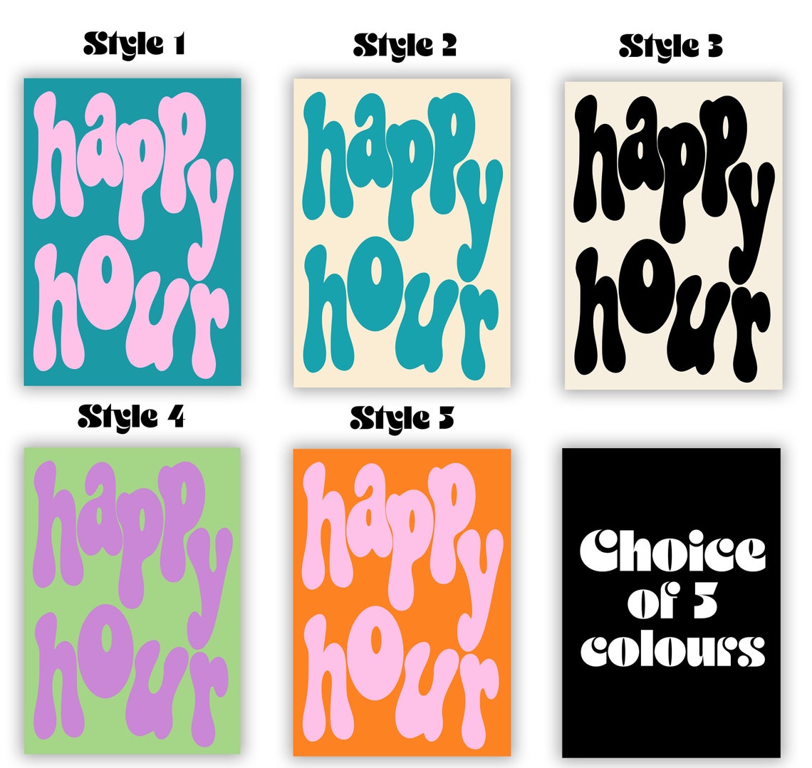Happy Hour Pink Bubble Letter Retro Typography Poster Teal Decor - Image 2