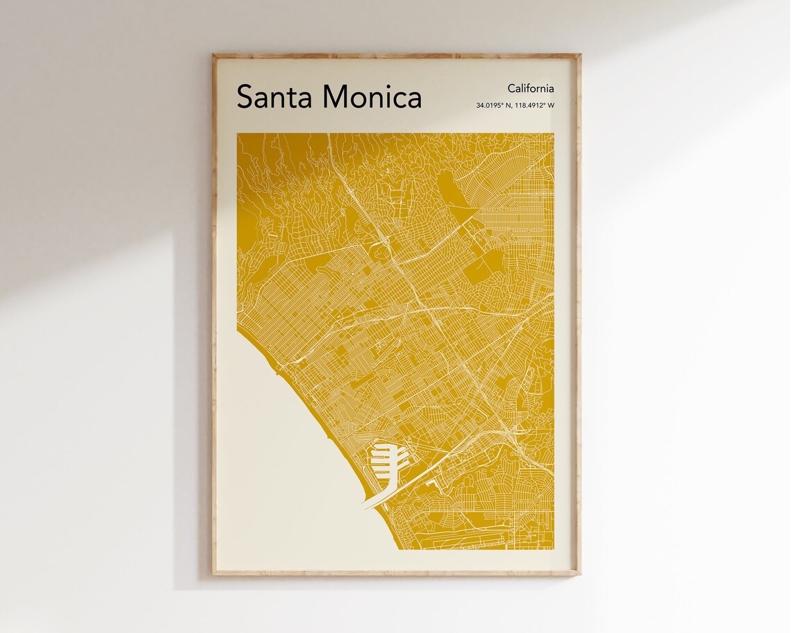 Santa Monica California Monochrome Gold Beach City Street Map Poster