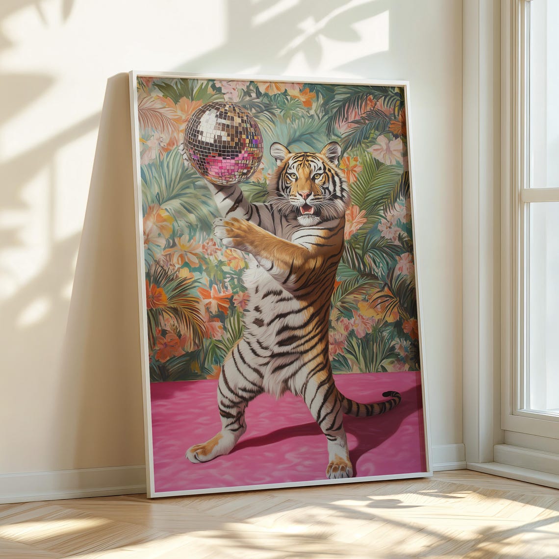 Tiger Holding Disco Ball Maximalist Tropical Painting Poster - Image 2