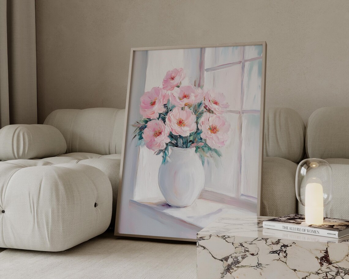Pink Peonies In White Vase By Window Soft Oil Painting Poster - Image 2