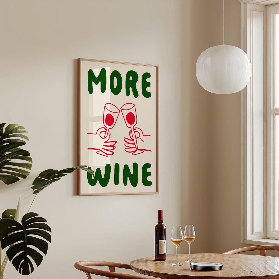 More Wine Retro Bubble Letter Poster Green Red Cheers Hand Drawn Art - Image 4
