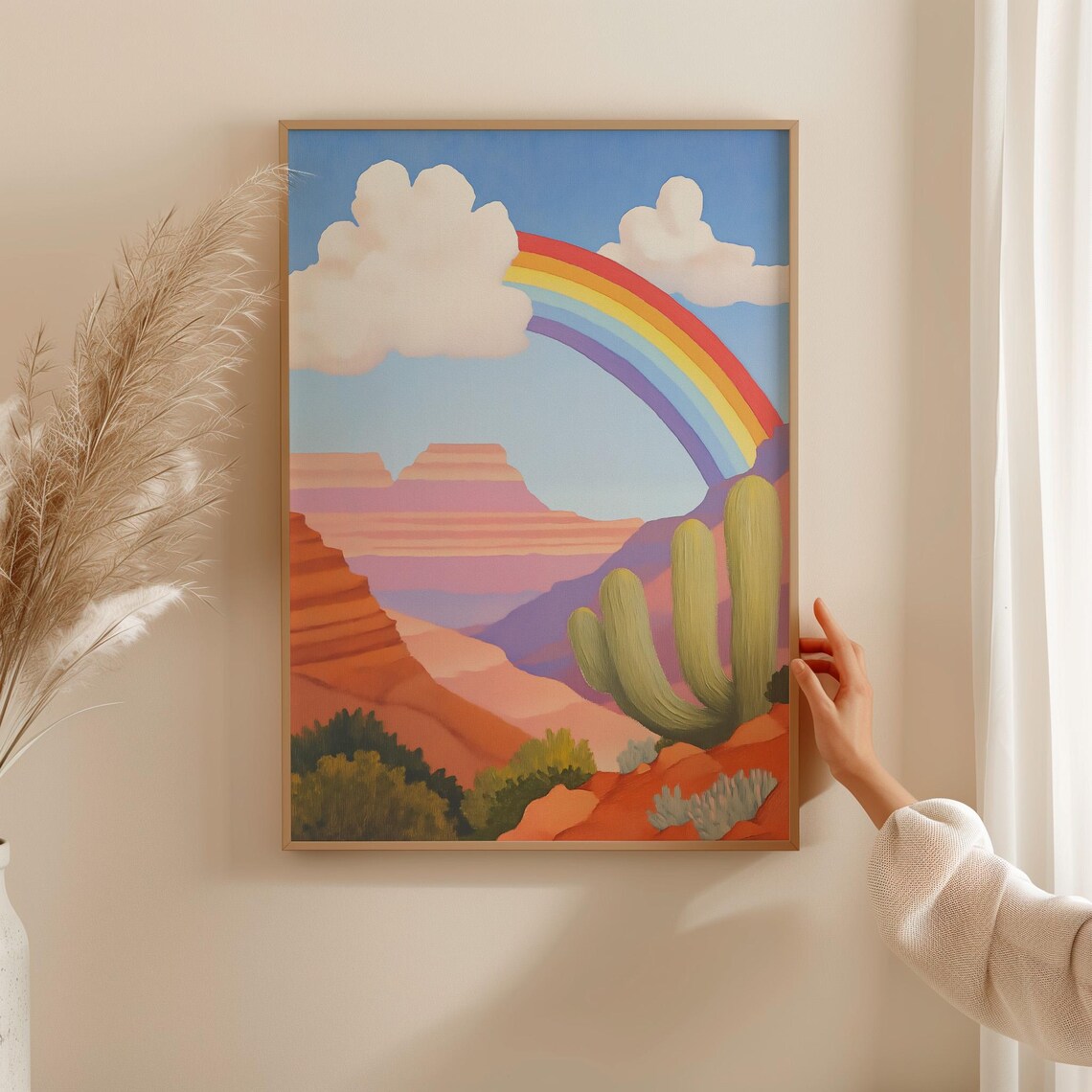 Desert Rainbow Over Red Rock Canyon Saguaro Colorful Art Poster - Image 3