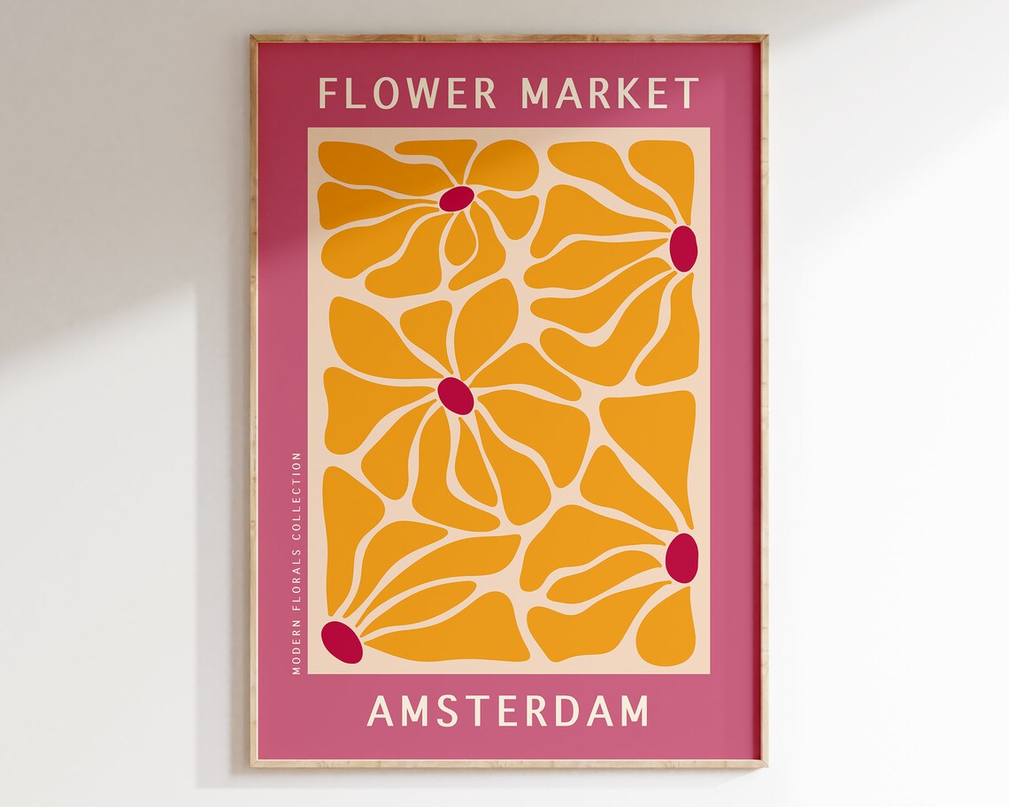Amsterdam Flower Market Print Pink Yellow Matisse Style Flower Poster Abstract Wavy Flower Art Poster Boho Flower Market Print F178