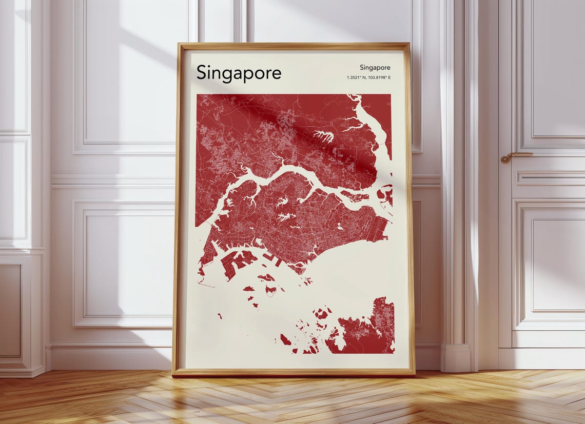 Singapore Map Poster Red Modern City Street Map Art Minimalist Decor