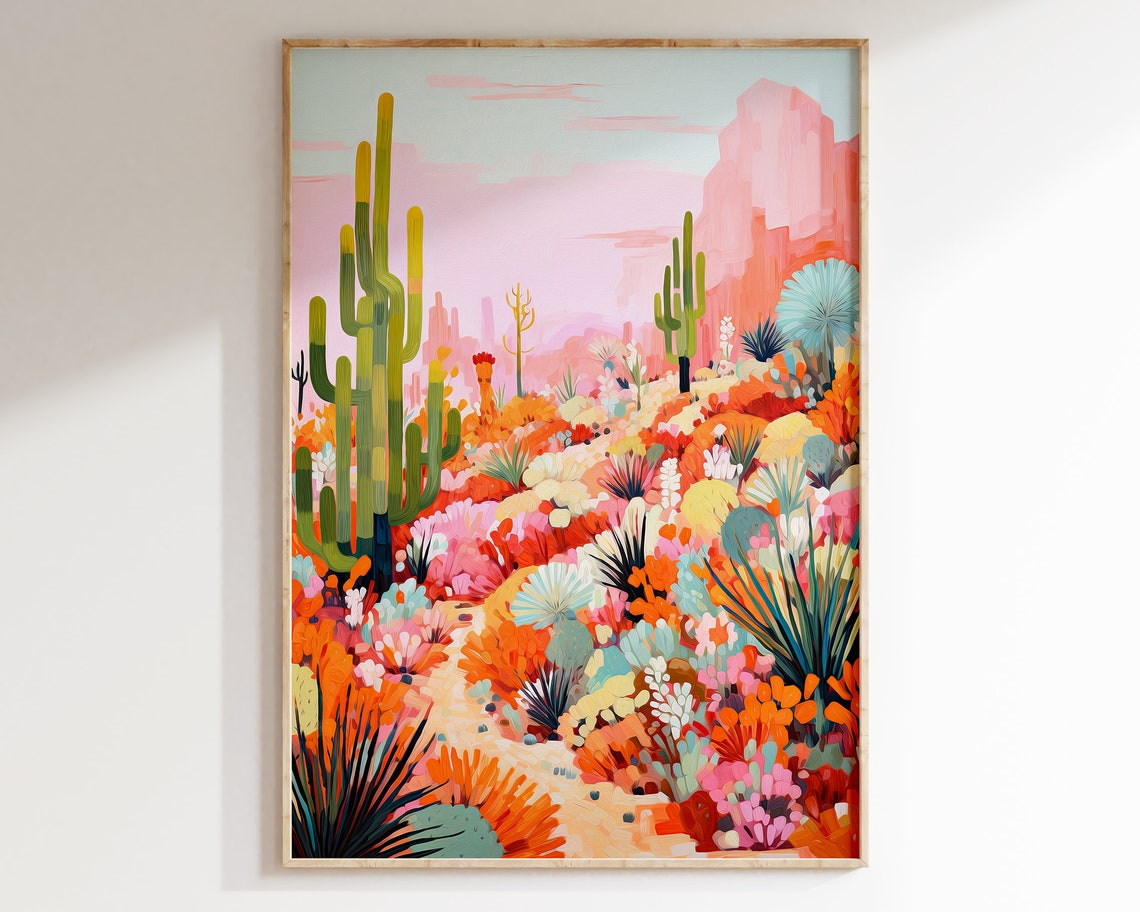 Boho Desert Landscape Saguaro Cactus Pink Cliffs Southwest Wall Art